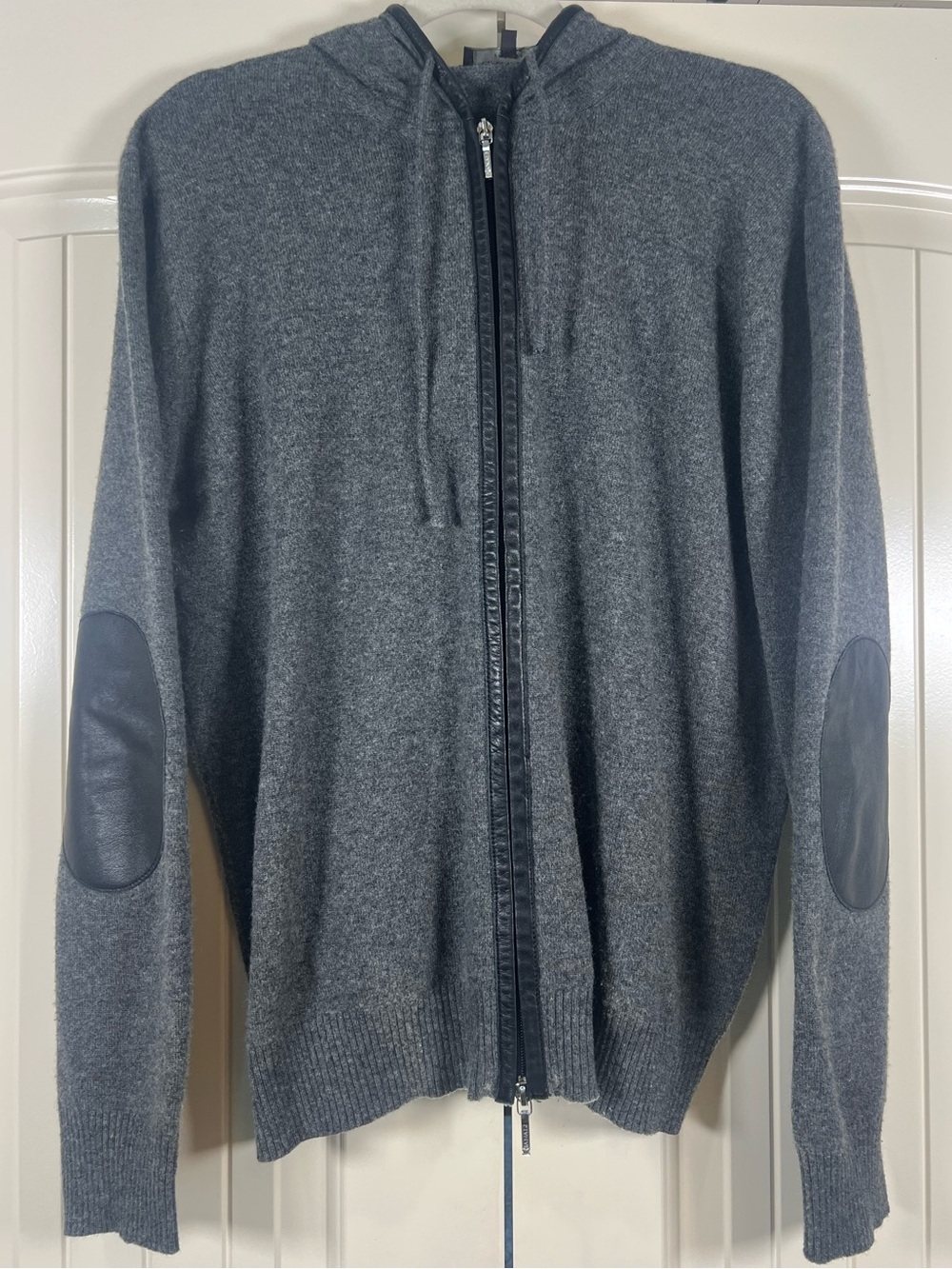 CANALI Italy 100% Cashmere FullZip Hoodie Leather Trim Elbow Patches EUC SIZE 52